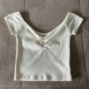 Off the shoulder, white crop top: American Eagle